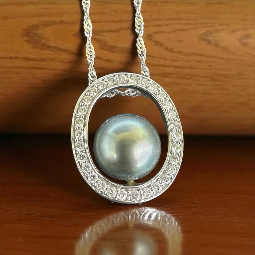 14K WHITE GOLD - PEACOCK PEARL (9mm) OVAL DIAMOND HALO (.60Ct.) PENDANT NECKLACE